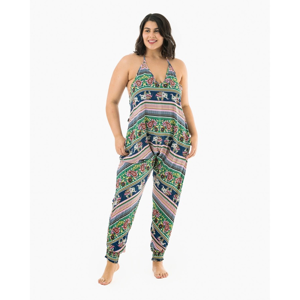 Buddha Pants The Catsuit Jumpsuit Paisley Elephant Print Halter Multi-Color L/XL